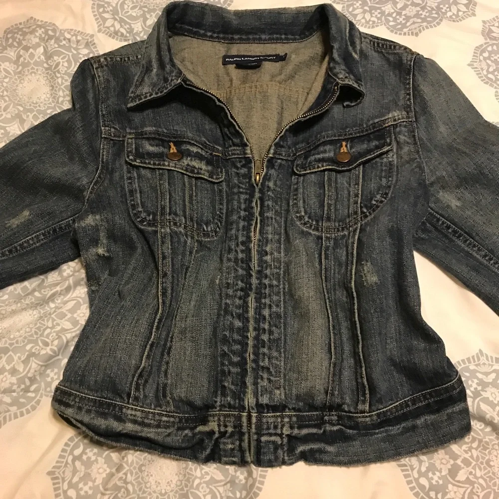 Ralph Lauren Sport Jean Jacket women’s Large distressed 3/4 sleeve - Picture 6 of 12